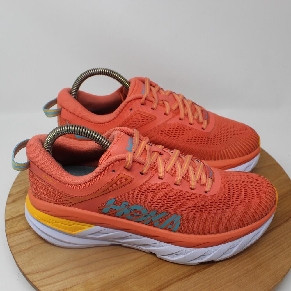 Hoka One One Coral and Yellow Athletic Shoes